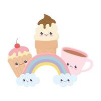 Cute cupcake helado taza de café y arco iris personaje de dibujos animados kawaii vector