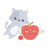 Lindo gatito con manzana y cereza personaje de dibujos animados kawaii vector