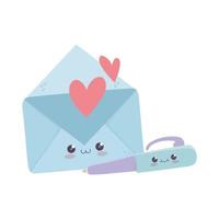 Lindo sobre correo y bolígrafo amor kawaii personaje de dibujos animados vector