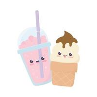 Lindo personaje de dibujos animados kawaii de helado y batido vector