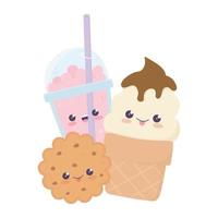 cute ice cream cookie and frappe kawaii cartoon character vector