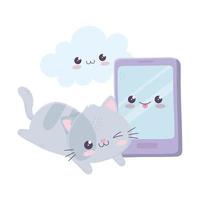 Lindo gatito con personaje de dibujos animados kawaii de nube de smartphone