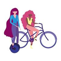 Transporte ecológico, mujeres con monociclo y personajes de dibujos animados en bicicleta. vector