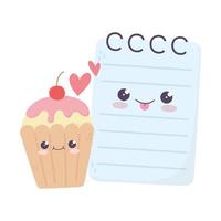 lindo bloc de notas y cupcake amor corazones personaje de dibujos animados kawaii vector