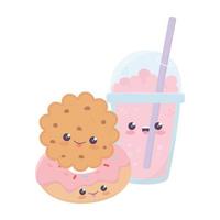 cute cookie and donut milkshake kawaii cartoon character vector