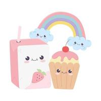 Linda caja de jugo y cupcake arco iris personaje de dibujos animados kawaii vector