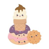 Lindo dulce donut cookie helado personaje de dibujos animados kawaii vector