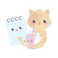 lindo gato batido y bloc de notas kawaii personaje de dibujos animados vector