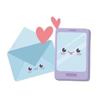 Lindo teléfono inteligente y corazones de correo aman el personaje de dibujos animados kawaii vector