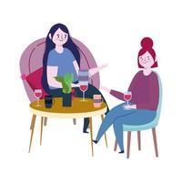 distanciamiento social restaurante o cafetería, mujeres hablando con vino de copa mantienen distancia, covid 19 coronavirus, nueva vida normal vector