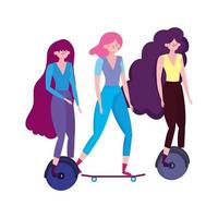 eco friendly transport, young women riding unicycle and skateboard vector