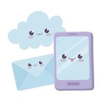 Cute smartphone mail cloud personaje de dibujos animados kawaii vector