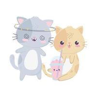 cute crazy gray cat and kitty with milkshake kawaii cartoon character vector