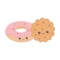 Cute cookie y donut personaje de dibujos animados kawaii vector