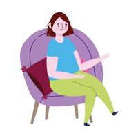 mujer joven, sentado, en, silla, caricatura, aislado, icono, diseño vector