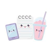 cute smartphone milkshake and notepad kawaii cartoon character vector