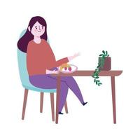 restaurant social distancing, woman eating fruits in table, prevention covid 19 coronavirus vector