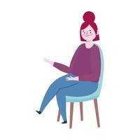 mujer joven, sentado, en, silla, caricatura, aislado, icono, diseño vector