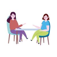 restaurante distanciamiento social, dos mujeres hablando en nueva normalidad, covid 19 coronavirus vector