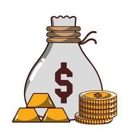 money business money bag coins and gold bars icon isolated design shadow vector