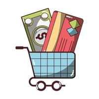 shopping cart with money and bank card business icon isolated design shadow vector