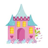 Castillo de dibujos animados flores de cuento de hadas corazones decoración diseño de icono aislado vector