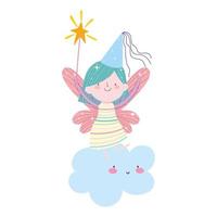 linda pequeña hada con varita mágica de pie en dibujos animados de nubes vector