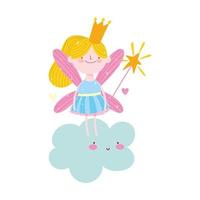 cute little fairy with crown and magic wand standing on cloud cartoon vector