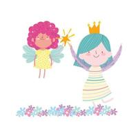 pequeña princesa de hadas con varita mágica y niña con corona de flores dibujos animados de cuento vector