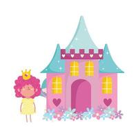pequeña princesa de hadas con flores de castillo adorable cuento de dibujos animados vector