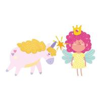 pequeña princesa de hadas con varita unicornio cuento de fantasía dibujos animados vector