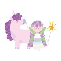 pequeña hada princesa unicornio magia cuento de fantasía dibujos animados vector