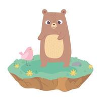 Lindos animales de oso y pájaro adorables con dibujos animados de flores vector