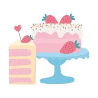 feliz cumpleaños pastel y rebanada con frutas celebración icono aislado vector