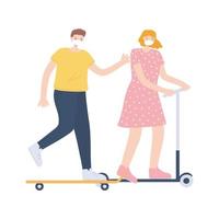 personas con mascarilla médica, pareja en patines, actividad en la ciudad durante el coronavirus vector