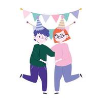 meeting friends, happy couple character with hats and bunting decoration celebrating vector