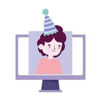 online party, meeting friends, man with hat in video computer celebrating event vector