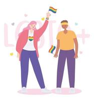 LGBTQ community, lesbians holding rainbows flag, gay parade sexual discrimination protest vector