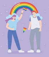 LGBTQ community, gay man and a lesbian girl holding a rainbow flag, parade sexual discrimination protest vector