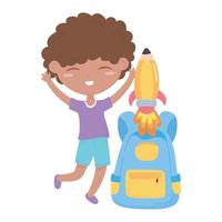 back to school, student boy with backpack and rocket education cartoon vector