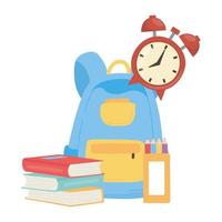 regreso a la escuela, mochila, libros, reloj y lápices de colores, dibujos animados educativos vector