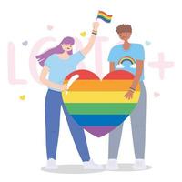 LGBTQ community, characters holding rainbow heart, gay parade sexual discrimination protest vector