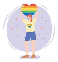 LGBTQ community, young woman holds rainbow heart, gay parade sexual discrimination protest vector
