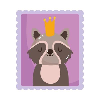 cute raccoon with crown animals cartoon postage mail stamp