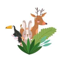 lindos animales reno tucán y conejo follaje naturaleza salvaje dibujos animados vector