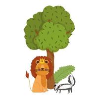 animales lindos león y zorrillo bosque árbol naturaleza salvaje dibujos animados vector