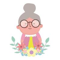 grandparents day, cute granny cartoon character flowers foliage decoration vector