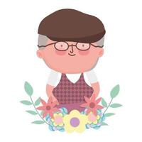 día de los abuelos, lindo abuelo personaje de dibujos animados flores follaje decoración vector