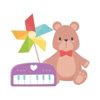 juguetes para niños objeto divertido dibujos animados piano molinete y oso de peluche vector