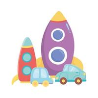 kids toys object amusing cartoon plastic rocket cars and train vector